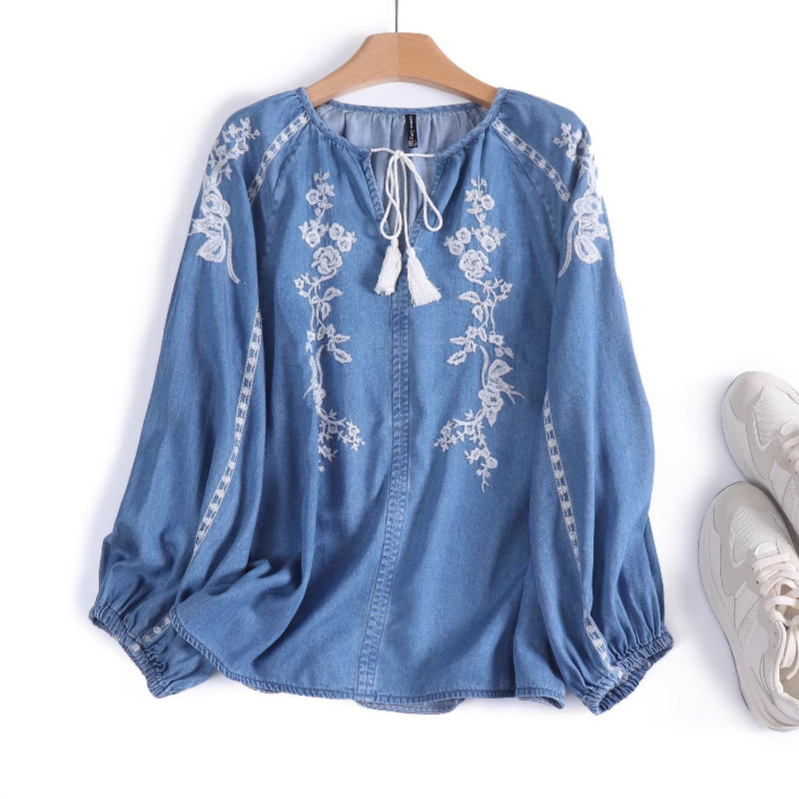 Women Denim Blouse Top Flower  - Tassel Fringe Trim review and price